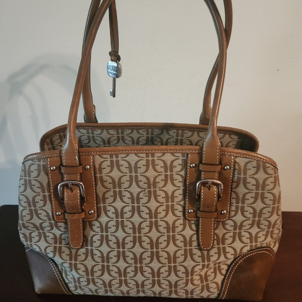 FOSSIL women Handbag Beige Canvas Logo print/Leather 13"x9"x4.5" 2 handles - Picture 5 of 15